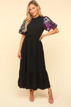 Sequin Puff Sleeve Maxi Dress - Black