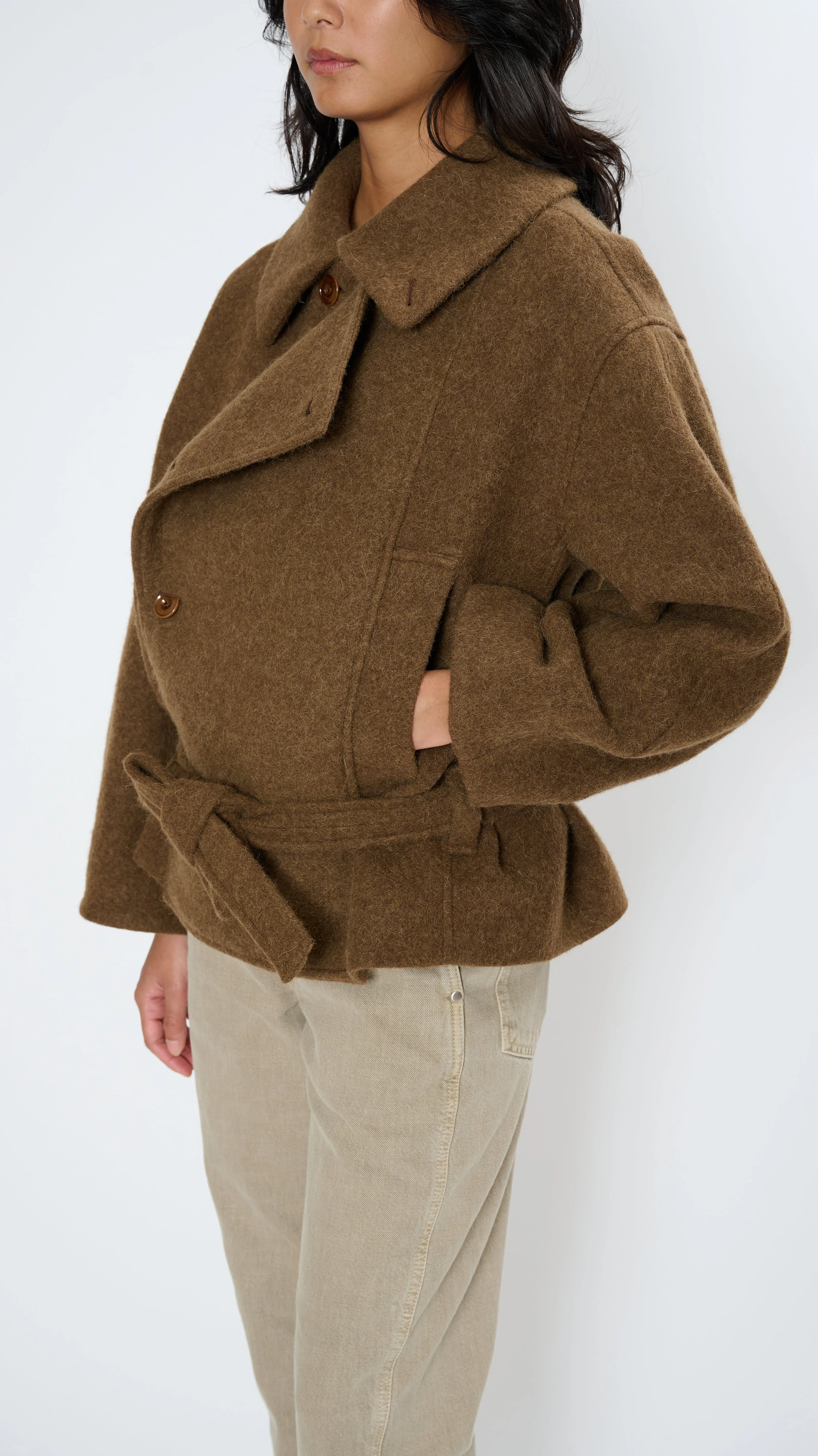 Short Asymmetrical Bathrobe Coat in Brown