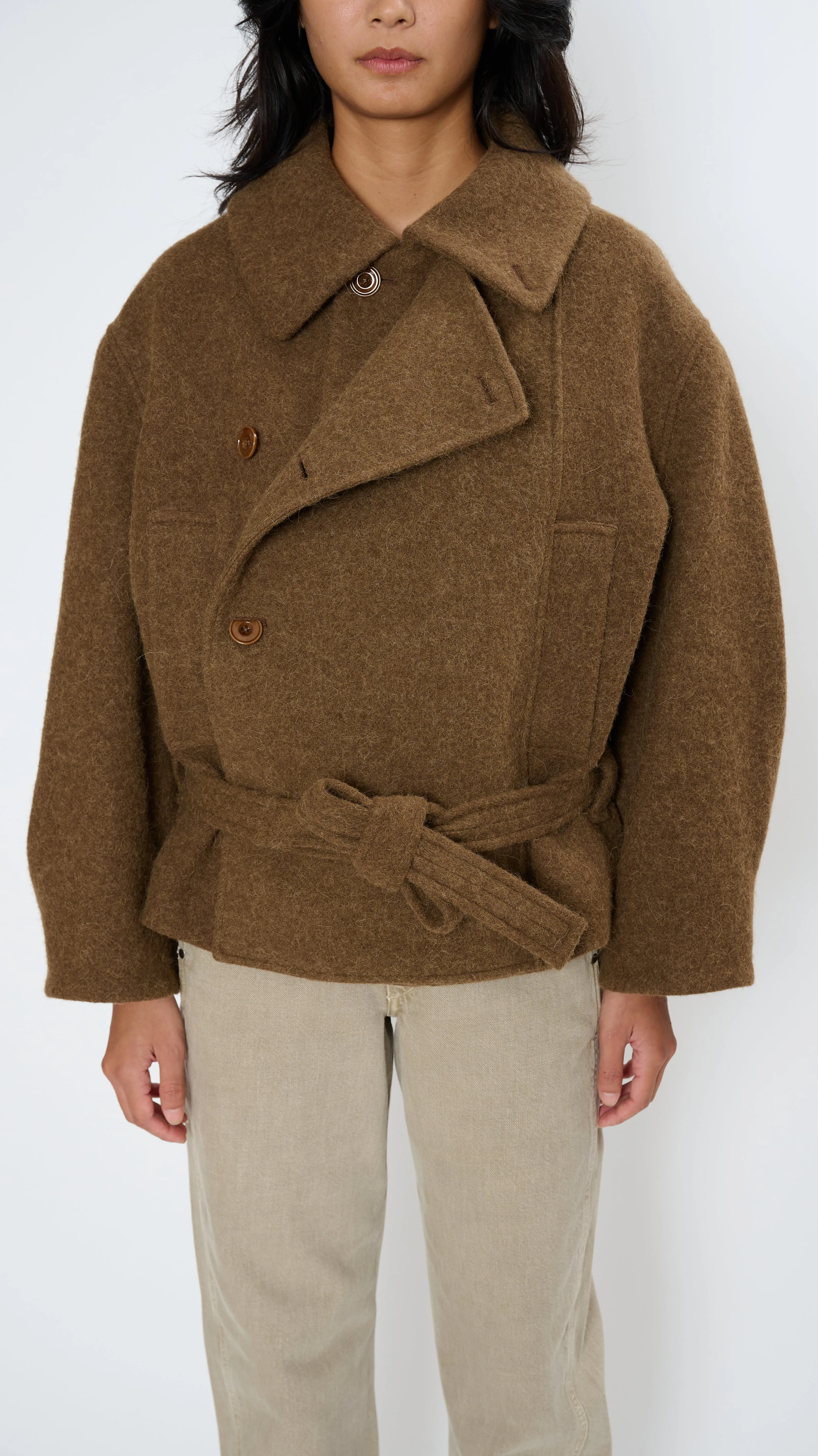 Short Asymmetrical Bathrobe Coat in Brown