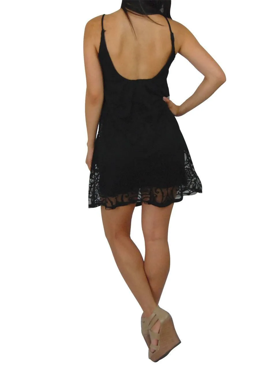 Spaghetti Lace Ornament Mini Dress with Fashion Necklace Black