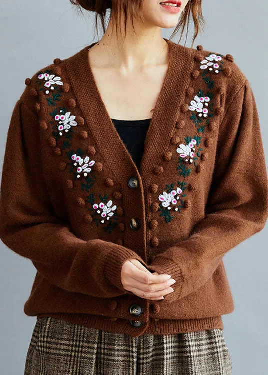 Stylish Chocolate Embroideried Wool Knit Loose Cardigans Winter