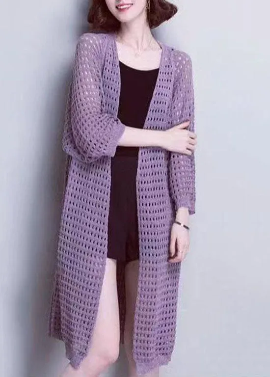 Unique Purple V Neck Hollow Out Patchwork Knit Cardigans Summer