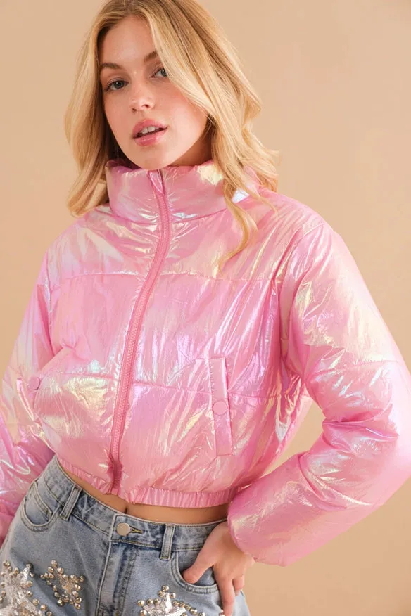 Windbreaker Metallic Puffer Crop Zip Up Jacket  Pink