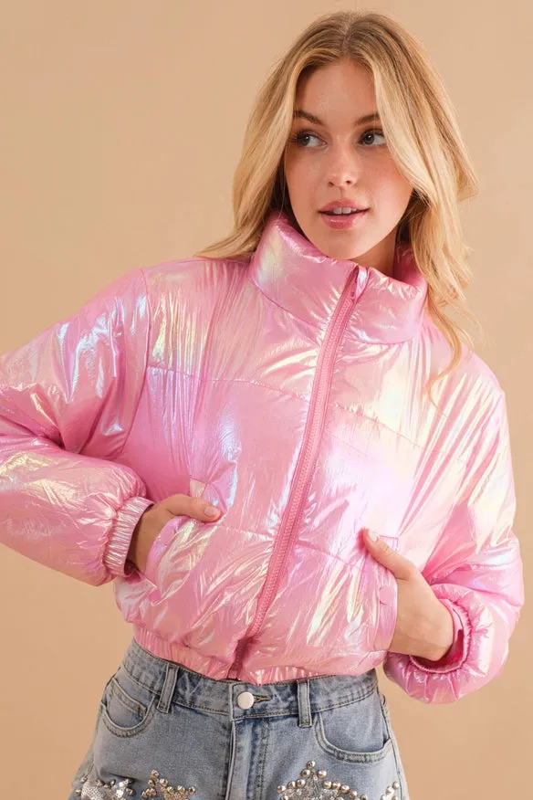 Windbreaker Metallic Puffer Crop Zip Up Jacket  Pink