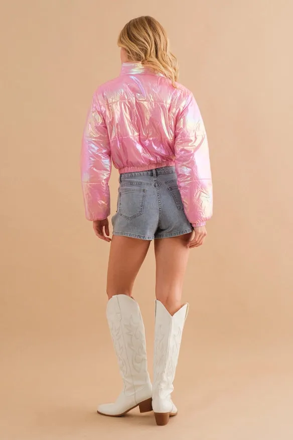 Windbreaker Metallic Puffer Crop Zip Up Jacket  Pink