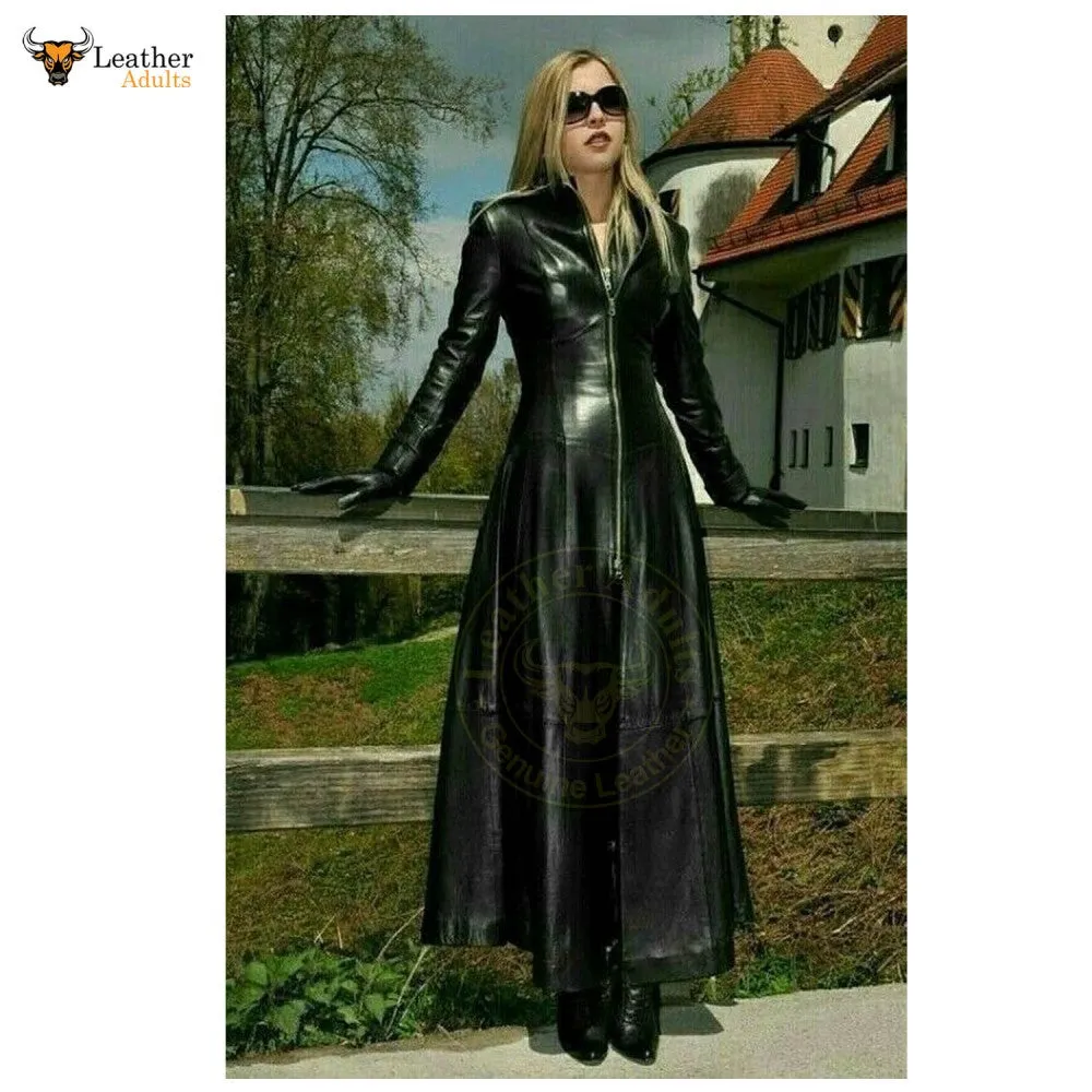 Womens Ladies Pure Black Leather Trench Steampunk Gothic Matrix Coat Jacket